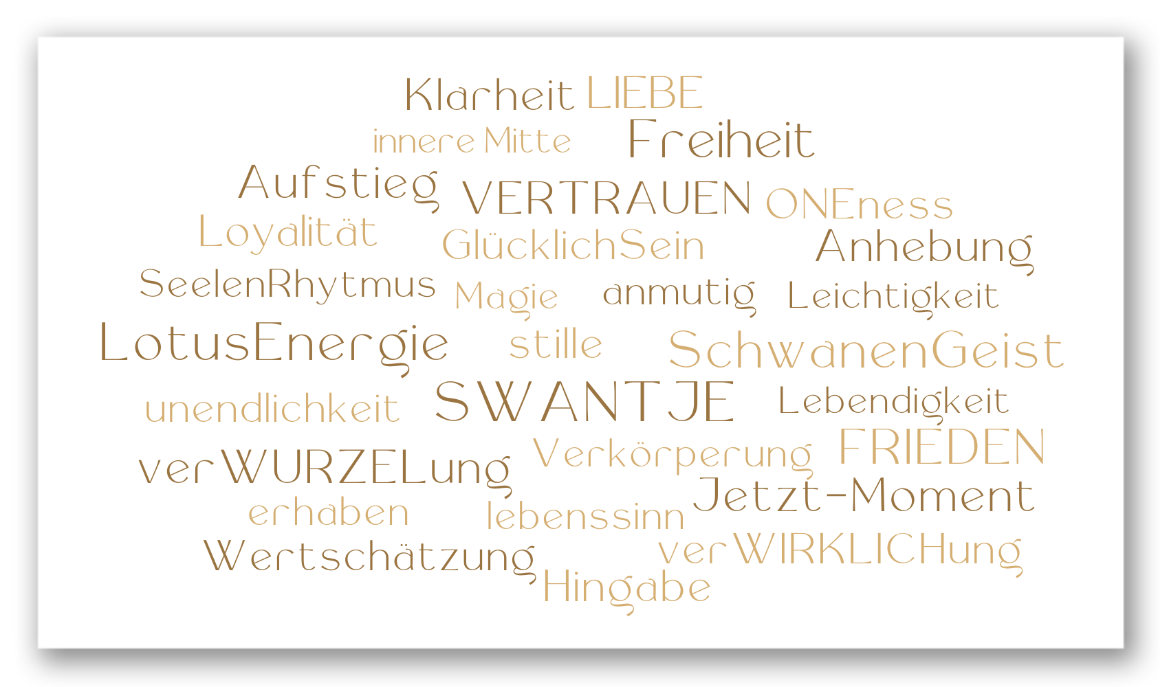 Wort Wolke über Swantje Klarheit Liebe innere Mitte Freiheit Vertrauen oneness Anhebung Leichtigkeit Schwanengeist Lebendigkeit Frieden Aufstieg Loyalität Seelenrhythmus LotusEnergie LotusEffekt Stille Unendlichkeit Verwurzelung Erdung Verkörperung erhaben anmutig Magie Lebenssinn Wertschätzung Hingabe Verwirklichung Jetzt-Moment